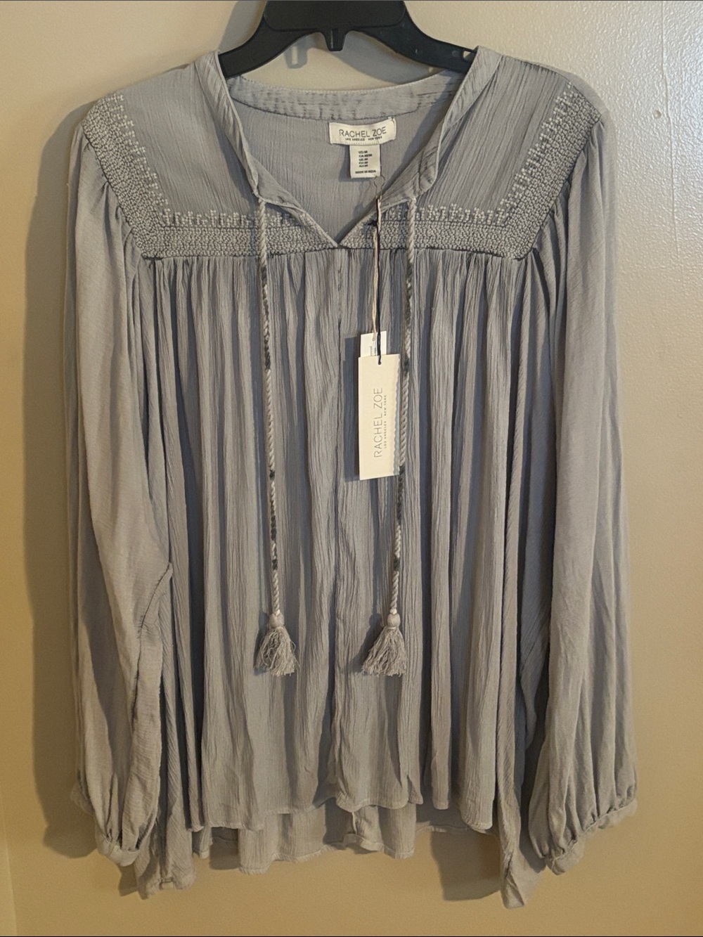 Rachel Zoe Women's Light Gray Tassel Peasant Blouse